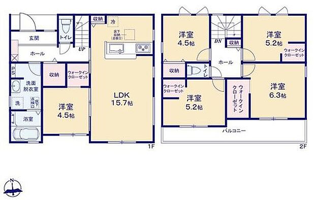 【5LDK】対面式キッチン仕様の明るい１５．７帖のリビング♪
廊下やリビングに収納スペースが充実♪
大きな荷物も収納可能なウォークインクローゼット付き♪
２室利用可能な南向きのワイドバルコニー♪