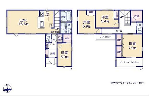 【4LDK】対面式キッチン仕様の明るい１６．５帖のリビング♪
廊下や各居室に収納スペースが豊富♪
大きな荷物も収納可能なウォークインクローゼット付き♪
日当たり良好な南向きのバルコニー♪