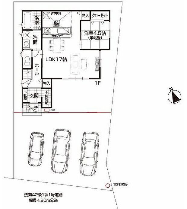 【全体区画図】春日井市岩崎町１丁目　限定１棟
並列３台駐車可能、お庭付き☆
１号棟　３４９９．９万円