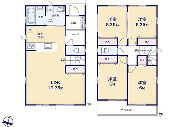 【4LDK】対面式キッチン仕様の広々約１９．２５帖の明るいリビング♪
リビングや各居室に収納スペースが充実♪
２階４居室あり、プライベート空間が充実♪
日当たり良好な南向きのワイドバルコニー♪