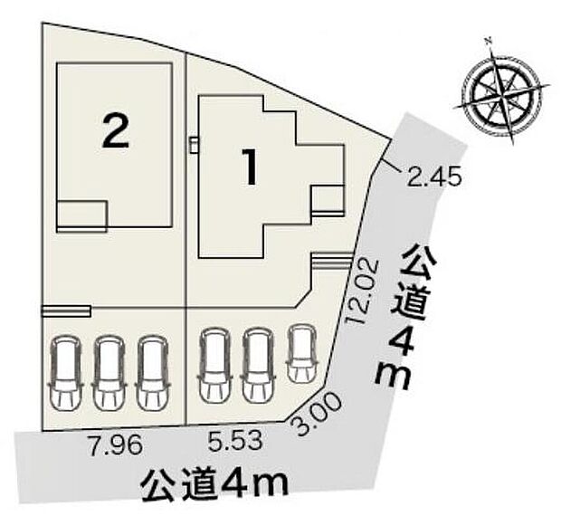 【全体区画図】春日井市下津町　全２棟
並列３台駐車可能、大空間のお庭付き☆
１号棟　３，３８０万円
２号棟　３，１８０万円