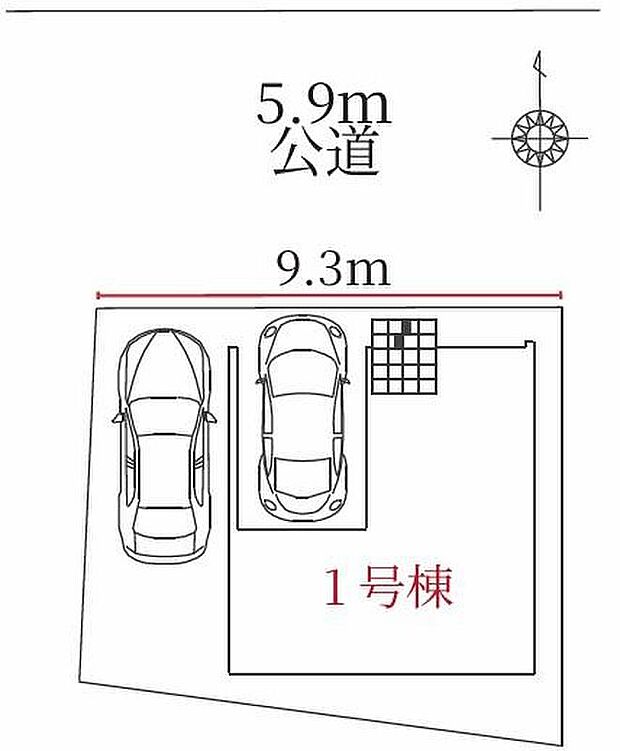【全体区画図】北区大杉１期　限定１棟
並列２台駐車可能♪
１号棟　５，２９９万円