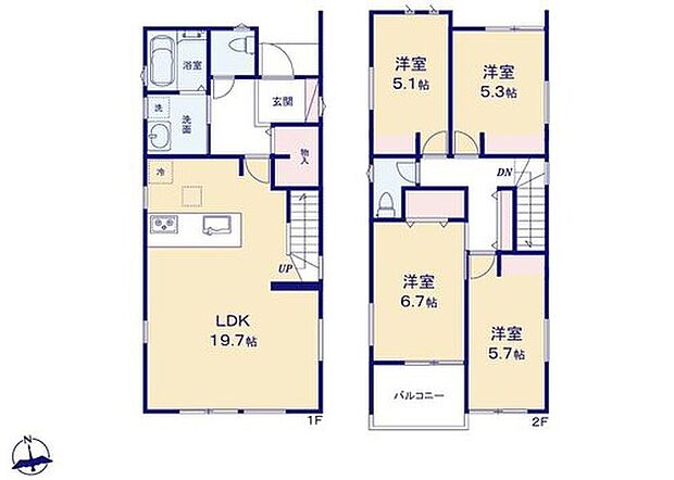 【4LDK】対面式キッチン仕様の広々１９．７帖の明るいリビング♪
２階４部屋あり、プライベート空間が充実♪
廊下や各居室に収納スペースが充実♪
日当たり良好な南向きのバルコニー♪