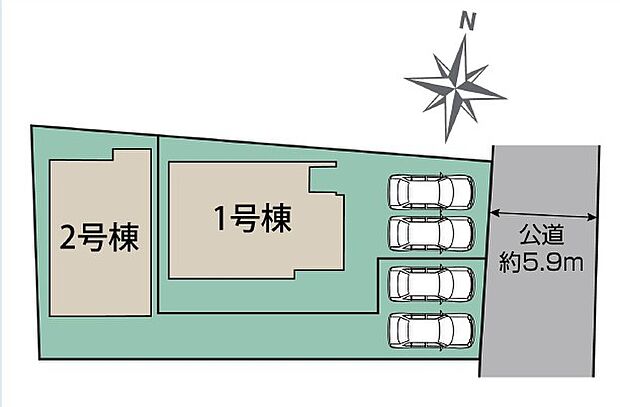 【全体区画図】瀬戸市窯町　全２棟
並列２台駐車可能♪
１号棟　２，７８０万円
２号棟　ご成約済み

