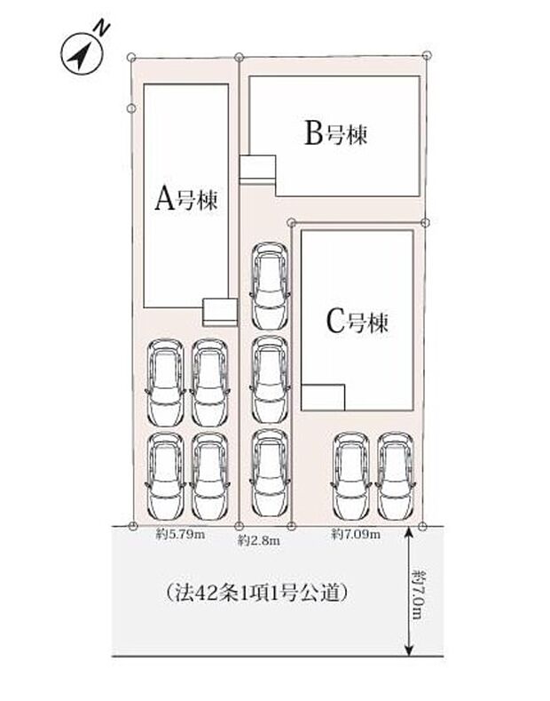 【全体区画図】瀬戸市東長根町　全３棟
最大４台駐車可能♪南向きで日当たり良好☆
A号棟　３，３９０万円
B号棟　２，８９０万円
C号棟　３，３９０万円