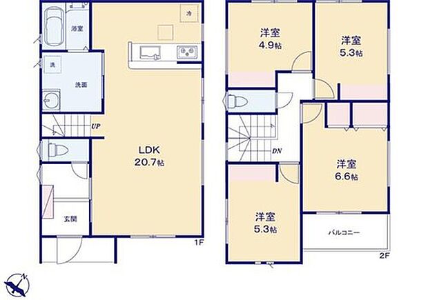 【4LDK】対面式キッチン仕様の広々20.7帖の明るいリビング♪
2階4部屋あり、プライベート空間が充実♪
各居室に収納スペースが充実♪
日当たり良好な南東向きのバルコニー♪