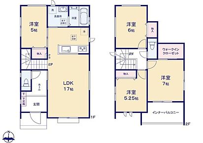 対面式キッチン仕様の明るい約１７帖のリビング♪大きな荷物も収納可能なウォークインクローゼット付き♪４部屋あり、プライベート空間が充実♪雨の日でも安心な南向きのインナーバルコニー♪ 
