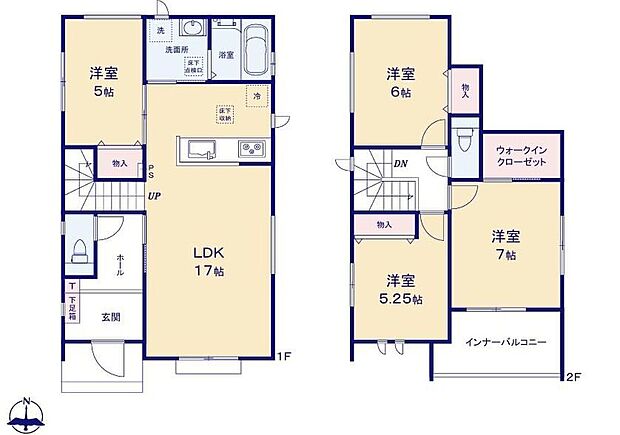 【4LDK】対面式キッチン仕様の明るい約17帖のリビング♪大きな荷物も収納可能なウォークインクローゼット付き♪4部屋あり、プライベート空間が充実♪雨の日でも安心な南向きのインナーバルコニー♪