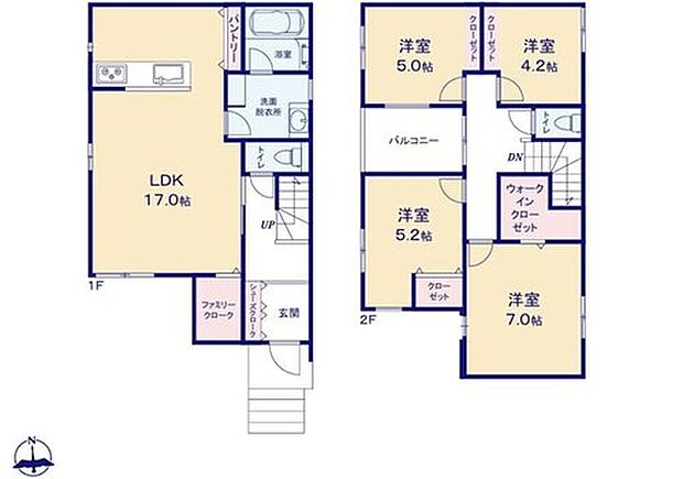 【4LDK】対面式キッチン仕様の広々17帖の明るいリビング♪
キッチンがスッキリ片付くパントリー付き♪
ファミリークローク・ウォークインクローゼット付きで収納豊富♪
日当たり良好なバルコニー♪
