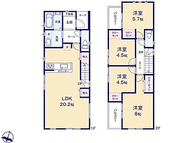 対面式キッチン仕様の広々２０．２帖の明るいリビング♪
リビングには便利な２つの収納スペース付き♪２階全４部屋あり、プライベート空間が充実♪
日当たり良好な２つのバルコニー♪ 
