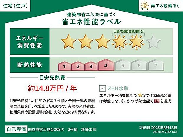 【内装】■省エネ性能ラベル(2号棟)■表示の目安光熱費は、住宅の省エネ性能と全国一律の燃料等の単価を用いて算出したものです。実際の光熱費は、使用条件や設備、契約会社・方法などにより異なります。

