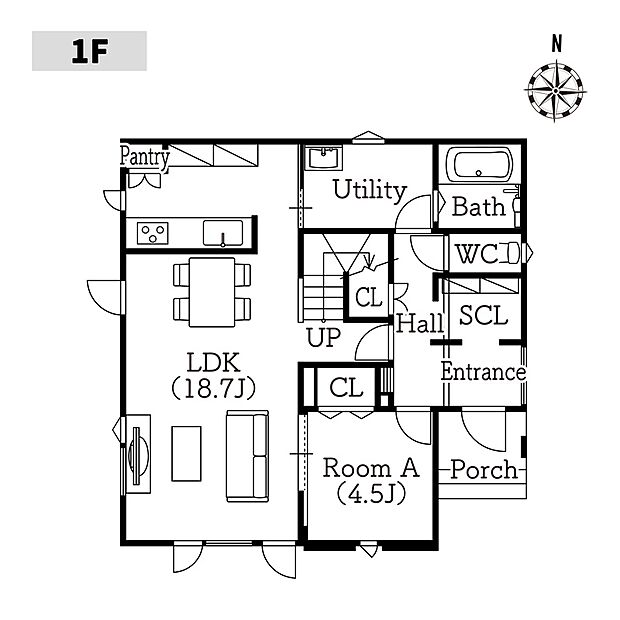 【一階平面図】　4.5帖の洋室が隣接した18.7帖のLDK。南側を中心に窓を配置し、採光に配慮した間取り