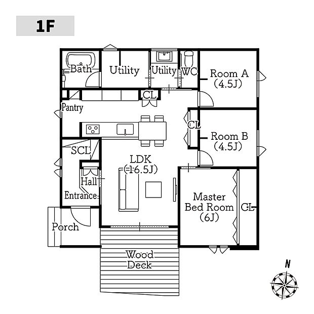 【平面図】キッチンはLDK全体が見渡せるオープンな設計。TVの横に収納を設け、リビングを広く活用できる工夫を施しました