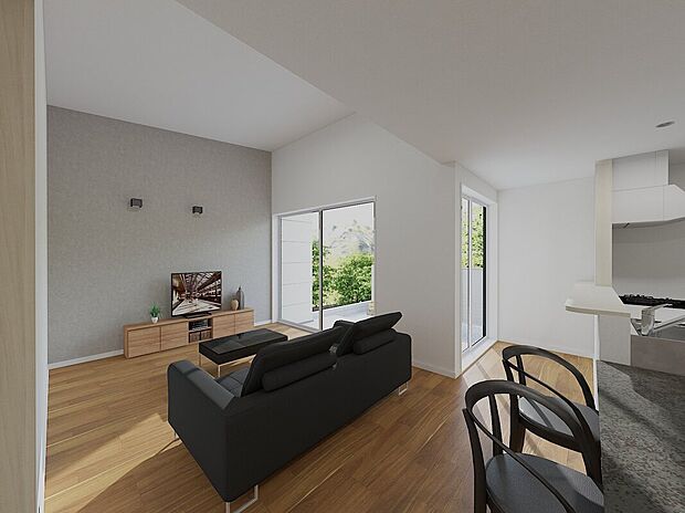 【18帖のLDK】南側の大きな窓と勾配天井で、明るく開放的な空間※完成イメージ画像