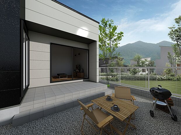 【ゆったりテラススペース】リビングとつながるテラスは、天気の良い日や休日には家族や友人と過ごすリラックスできる場所に※完成イメージ画像