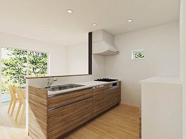 【機能的なシステムキッチン】カップボードも標準設置で、食器や調理器具もすっきり収納※完成イメージ画像