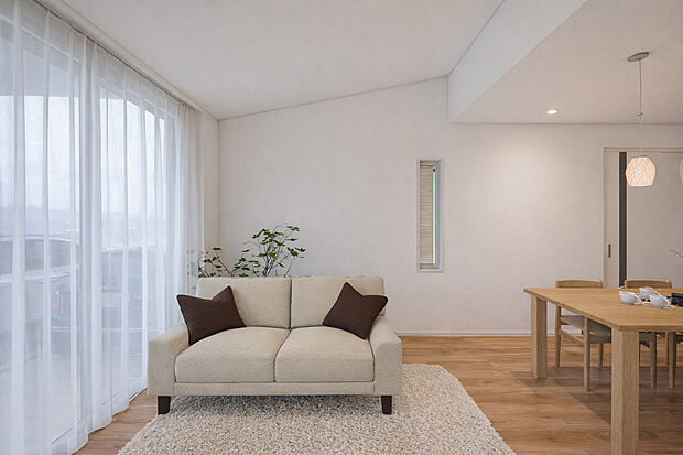 【勾配天井のある18帖のＬＤＫ】空間に開放感とデザイン性をもたらし、平屋でも立体的な住まいを実現※完成イメージ画像