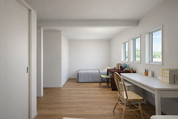 【二間続きの子ども部屋】将来2つに分けられる設計で、成長に合わせて使い方を変えられる※完成イメージ画像