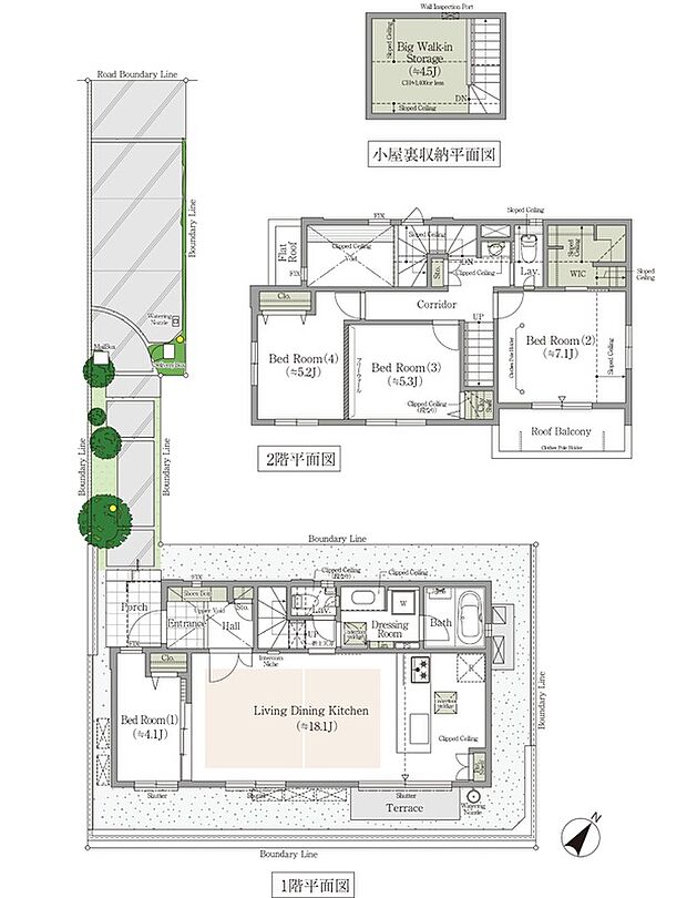 【4LDK+R+BWS+WIC】◯ビッグウォークインストレージ面積/7.45m2(延床面積不算入)
※路地状部分面積含む(31.15m2)
R=ルーフバルコニー BWS:ビッグウォークインストレージ WIC=ウォークインクロゼット