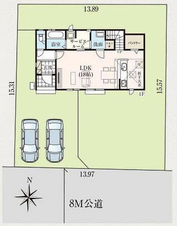 ゆとりある65坪の敷地♪
日当たり良好な南側8ｍの前面道路です。
広いお庭では家庭菜園やお子様のプールも楽しめそうですね♪