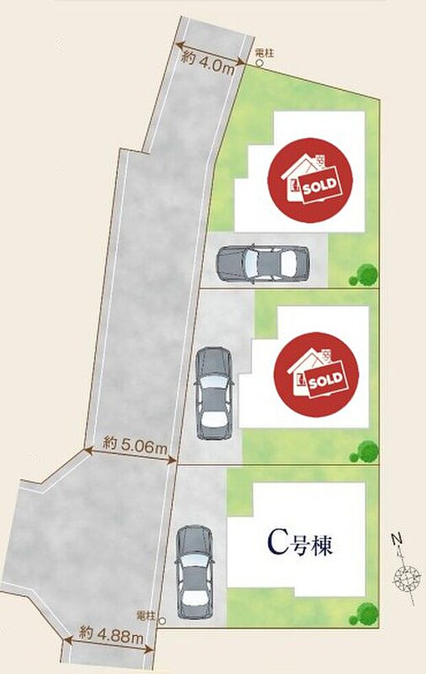 陽光を長く取り込める南西向き◎
日当たりの良いお庭は、ガーデニングも楽しめそうですね♪
駐車スペースも確保しました！