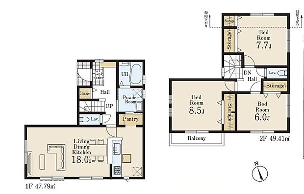 (1号棟)3LDK、土地面積125.06m2、建物面積97.2m2 