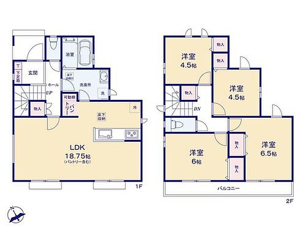 【4LDK】ひろびろとした18.75帖のLDK!キッチン近くにはパントリー、リビングからも移動できる洗面室など、家事がはかどる設計になっております☆
広いバルコニーには、家族の洗濯物もたっぷり干すことができますね♪