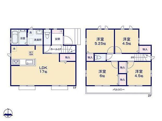 【4LDK】リビング収納は、掃除用具や、季節物の家電のしまう場所にもピッタリ
!水回りはまとまっているので、日々のお掃除もスムーズに行えそうですね◎
全居室2面採光なので、明るい空間で毎日をお過ごし頂けます♪