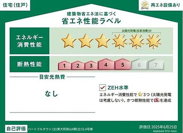 【省エネ性能ラベル】こちらの物件はZEH水準を満たした、省エネ性能に優れた物件です。光熱費を抑えて暮らすことができるだけでなく、「熱の入りにくさ・逃げにくさ」という観点でも影響を受けにくい建物のため、長く快適にお過ごしいただけます♪※本ラベルは特定の住戸の性能を示すものであり、全ての住戸の性能を示すものではありません。