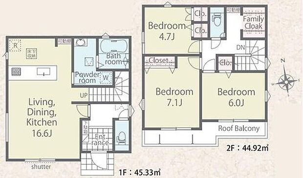 【3LDK】毎日の家族の様子がよくわかる「リビングイン階段」の間取り♪
たっぷり収納可能な「ファミリークローク」には、家族の冬物や、家電の収納にも便利◎各居室2面採光で明るい間取りです♪♪