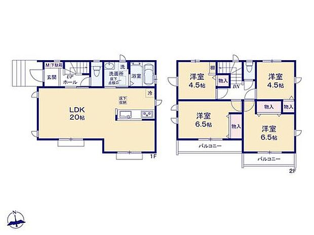 【4LDK】ひろびろ開放感のある20帖のLDK！
ダイニングとリビングの空間をわけやすい間取りとなっています☆
水回り集中設計で家事効率もアップ♪