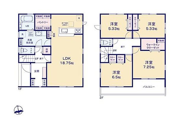 【4LDK】対面式キッチンを採用した広々18.7帖超の明るいリビング！
朝の身支度にも便利な広々洗面所♪
大型キッチンパントリーやWICなど、豊富な収納スペースも魅力です◎