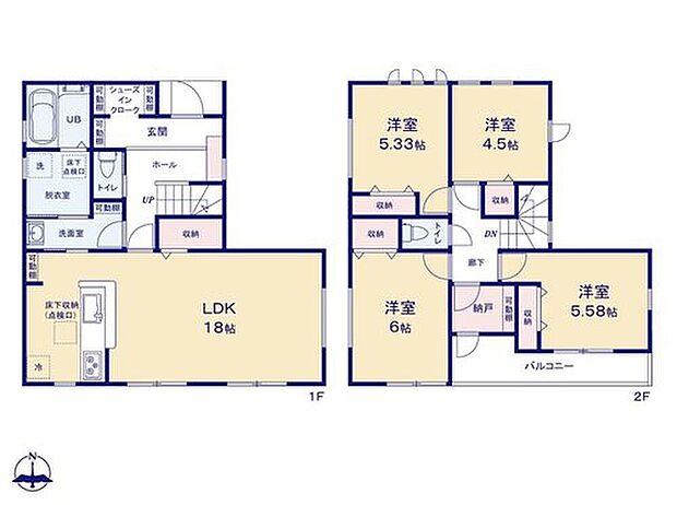 【4LDK+S】◇18帖のLDKにはお部屋がすっきり片付く収納付き♪
◇居室を2階に集約し、プライバシーにも配慮♪
◇バルコニー直結のストレージルームはワークスペースにも◎