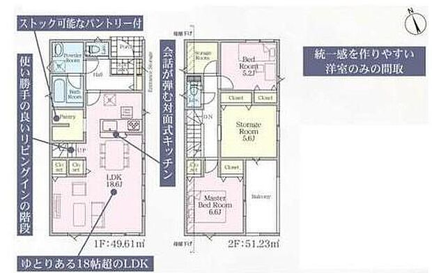 【2LDK+2S】ひろびろとした18.6帖のLDK！大型パントリー、リビング収納が充実した間取りとなっております♪
2階の小さな納戸は、収納スペースとして、季節物の家電や雑貨、思い出の品をしまう場所としても便利です◎