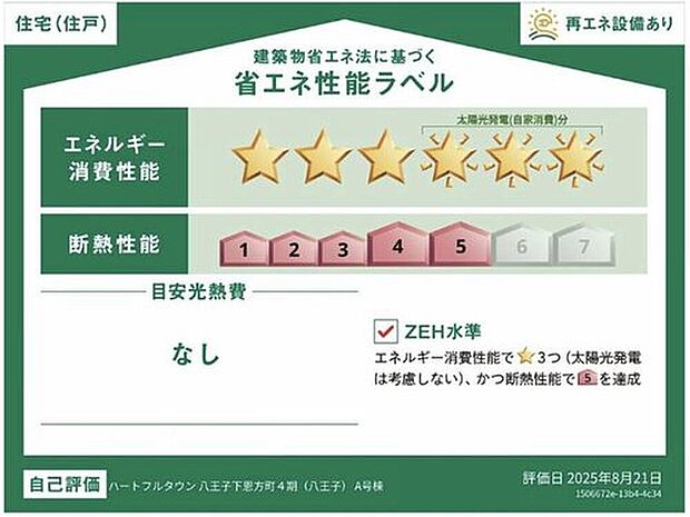 【☆   省エネ性能ラベル☆】こちらの物件はZEH水準を満たした、省エネ性能に優れた物件です。光熱費を抑えて暮らすことができるだけでなく、「熱の入りにくさ・逃げにくさ」という観点でも影響を受けにくい建物のため、長く快適にお過ごしいただけます♪※本ラベルは特定の住戸の性能を示すものであり、全ての住戸の性能を示すものではありません。