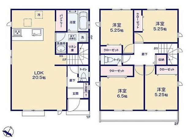 【4LDK】南向きに開けた明るいLDK20.5帖!
家具レイアウトの幅も広がります♪家族が
自然と顔を会わせコミュニケーション広がる
リビングイン階段を採用◎