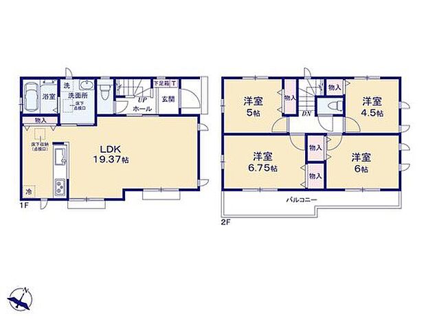 【4LDK】ひろびろとした19帖超のLDK!キッチン近くにある収納スペースは、パントリーのように食料品のストック場所として使ったり、散らかりがちな小物類の収納場所にも◎個室感のある4部屋を配した間取りです♪