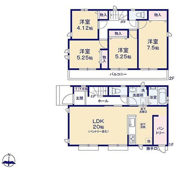 【4LDK】キッチンパントリー付プラン。買いだめもできますね♪
効率的でストレスのない家事動線。水回りが集中しており、移動がスムーズです♪