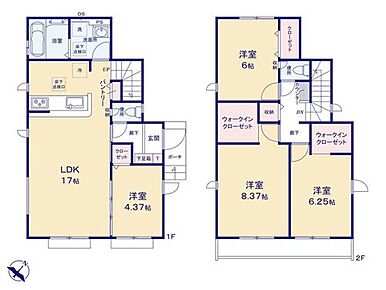 水回り集中設計で家事もはかどる間取り♪
LDKは続き間の洋室を広げると、21帖超えの空間に☆
2階居室は全てひろびろ6帖以上！大容量の2つのWICで収納力も◎です！ 