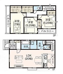 2階主寝室には2か所の「WIC」をご用意しました☆
クローゼット内の扉で行き来できるので、ご夫婦それぞれで利用しつつ管理もしやすくなっています☆
LDKは【20帖】と広々♪快適にお過ごしいただけます！ 