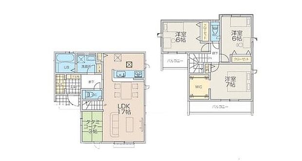 【3LDK】大きな窓からたっぷりの陽光が射し込むLDKには、和みの「タタミコーナー」が隣接!併せて【20帖】の大空間が嬉しいですね!
2階主寝室には「WIC」設置☆大切なお洋服などシッカリ収納☆
