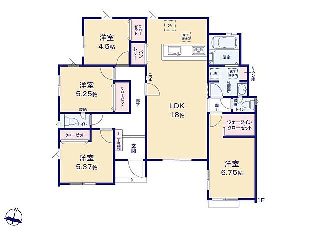 【4LDK】18帖の広々LDKは明るく風通しも良好◎キッチンには食料品のストックにも便利なパントリー付きです。洗面室にはリネン庫あり♪
WIC完備なので季節物のお洋服もたっぷり収納できます!