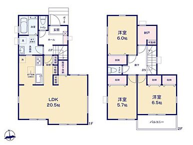 ホームパーティーも楽しめる、ひろびろ空間の20帖のLDK☆
水回りは集約した間取りで家事効率もアップ◎
納戸は季節物の家電や雑貨、アウトドア用品もスッキリ収納可能です！ 