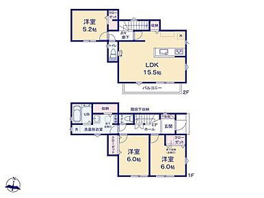 2階リビングを採用したお住まい♪外からの視線が気になりにくく、採光良好な空間です◎
洗面室には収納スペース付き！タオル類をしまったり、洗濯乾燥したお洋服を収納したり…様々な使い方が可能です☆ 
