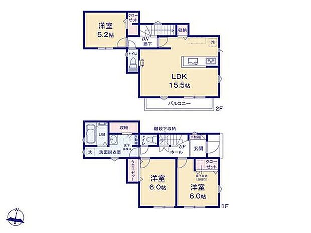 【3LDK】2階リビングを採用したお住まい♪外からの視線が気になりにくく、採光良好な空間です◎
洗面室には収納スペース付き！タオル類をしまったり、洗濯乾燥したお洋服を収納したり…様々な使い方が可能です☆