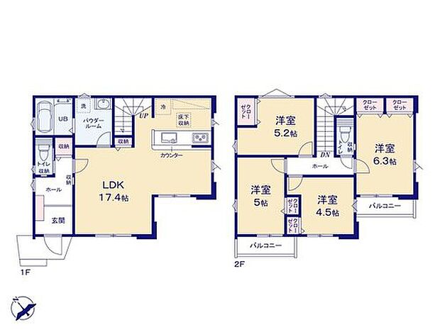 【4LDK】家族の温もりを感じる「リビングイン階段」採用☆
LDKは窓を多く設置し、通風・採光に配慮した間取りが嬉しいですね♪
全居室収納完備で片付けしやすいお部屋です☆
