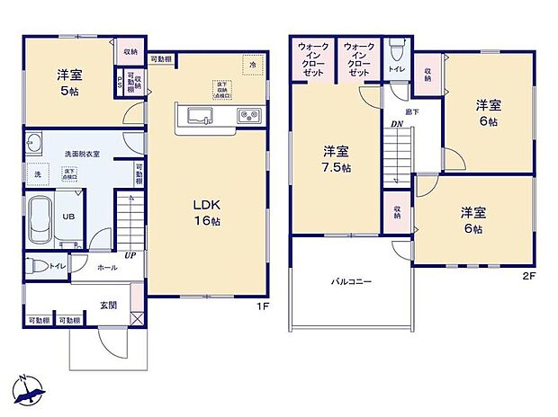 【4LDK】LDK16帖☆対面式キッチン採用♪パントリー＆床下収納付き☆全室収納完備◎主寝室には嬉しいダブルWICを設置♪衣替えもらくらく♪2部屋より出入り可能なワイドバルコニー☆プランター栽培も楽しめそうです！