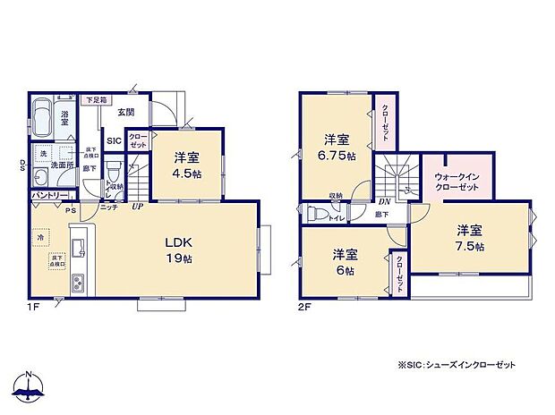 【4LDK】折り上げ天井採用の解放感あるLDKは広々【19帖】！キッチン横の「パントリー」が便利ですね☆2階にはゆったりサイズの「WIC」をご用意しました♪かさばりがちな冬物もスッキリ収納可能☆