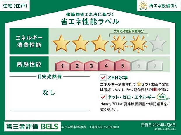 【省エネ性能ラベル】こちらの物件はZEH水準を満たした、省エネ性能に優れた物件です。 光熱費を抑えて暮らすことができるだけでなく、「熱の入りにくさ・逃げにくさ」という観点でも影響を受けにくい建物のため、長く快適にお過ごしいただけます♪ ※本ラベルは特定の住戸の性能を示すものであり、全ての住戸の性能を示すものではありません。