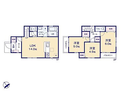家事効率を配慮した「水廻り集中設計」の間取り☆家族の会話が自然と増える「リビングイン階段」も嬉しいですね♪2階の個室感ある居室は全室南西向きで長く陽光を取り込めます！ 